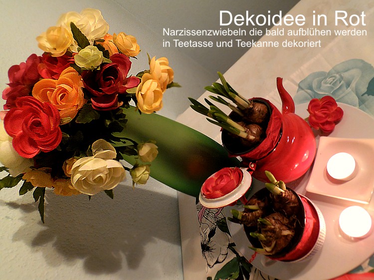 Dekoidee in Rot - Teekanne ud Tasse mit Blumenzwiebeln